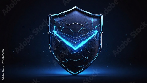 Futuristic 3d security shield made of linear polygons with neon lights on dark blue background. Modern business It, online, cyber safety and protect concept.