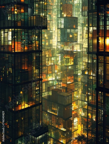 Tall Building With Many Windows Illuminated at Night