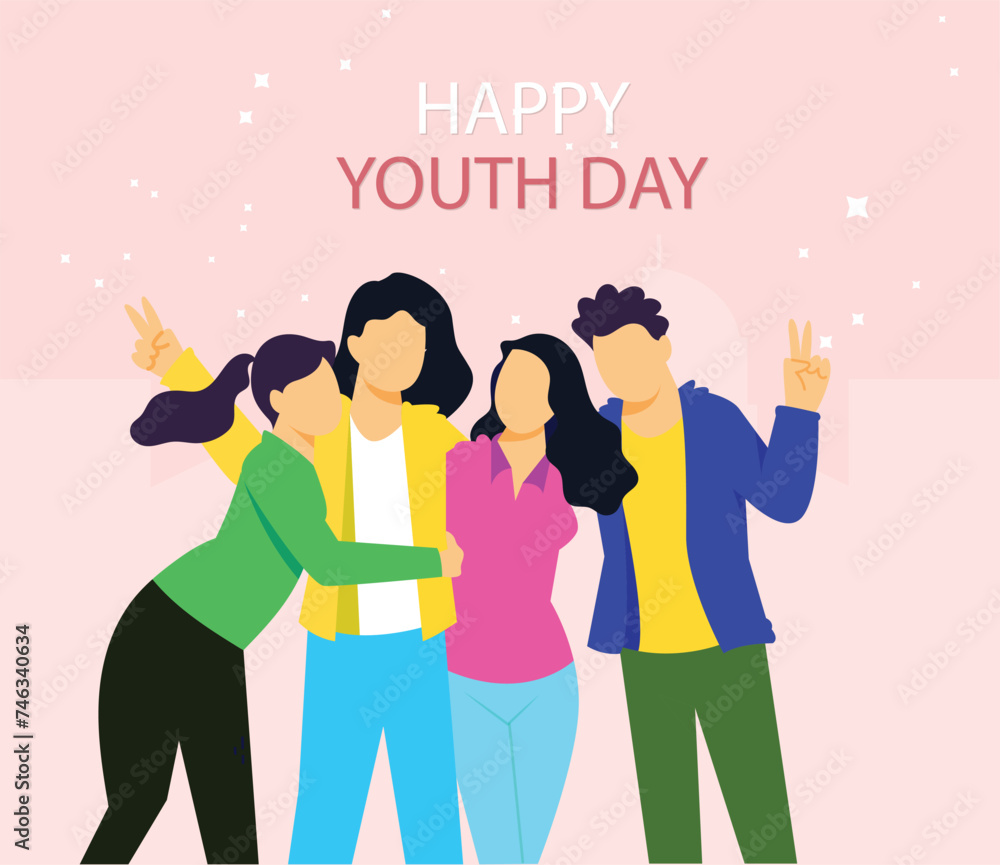 International Youth Day poster banner vector illustration with group of people