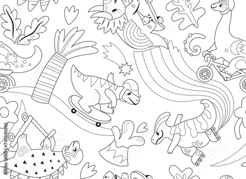 Black and white cartoon dinosaurs ride on skates, rollers and bicycle in the park, seamless pattern