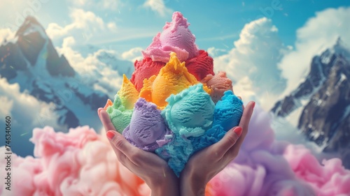 Colorful Winner Stage at the summit of an ice cream mountain, with a spectrum of hands presenting the trophy photo