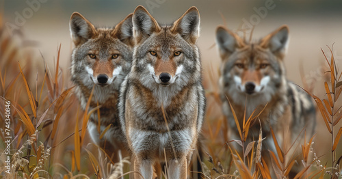Wild coyotes standing in prairie grass in nature. Generative AI. photo