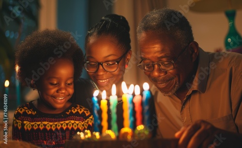 African multi-generational family lightning Mishumaa Saba, seven colorful candles for Kwanzaa celebration. Family gatherings, cultural celebrations, generational bonding, and festive traditions. photo