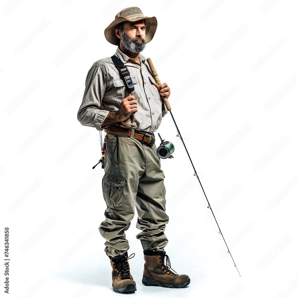 Man with fishing rod isolated on white background Generative Ai Man with fishing rod isolated on white background Generative Ai