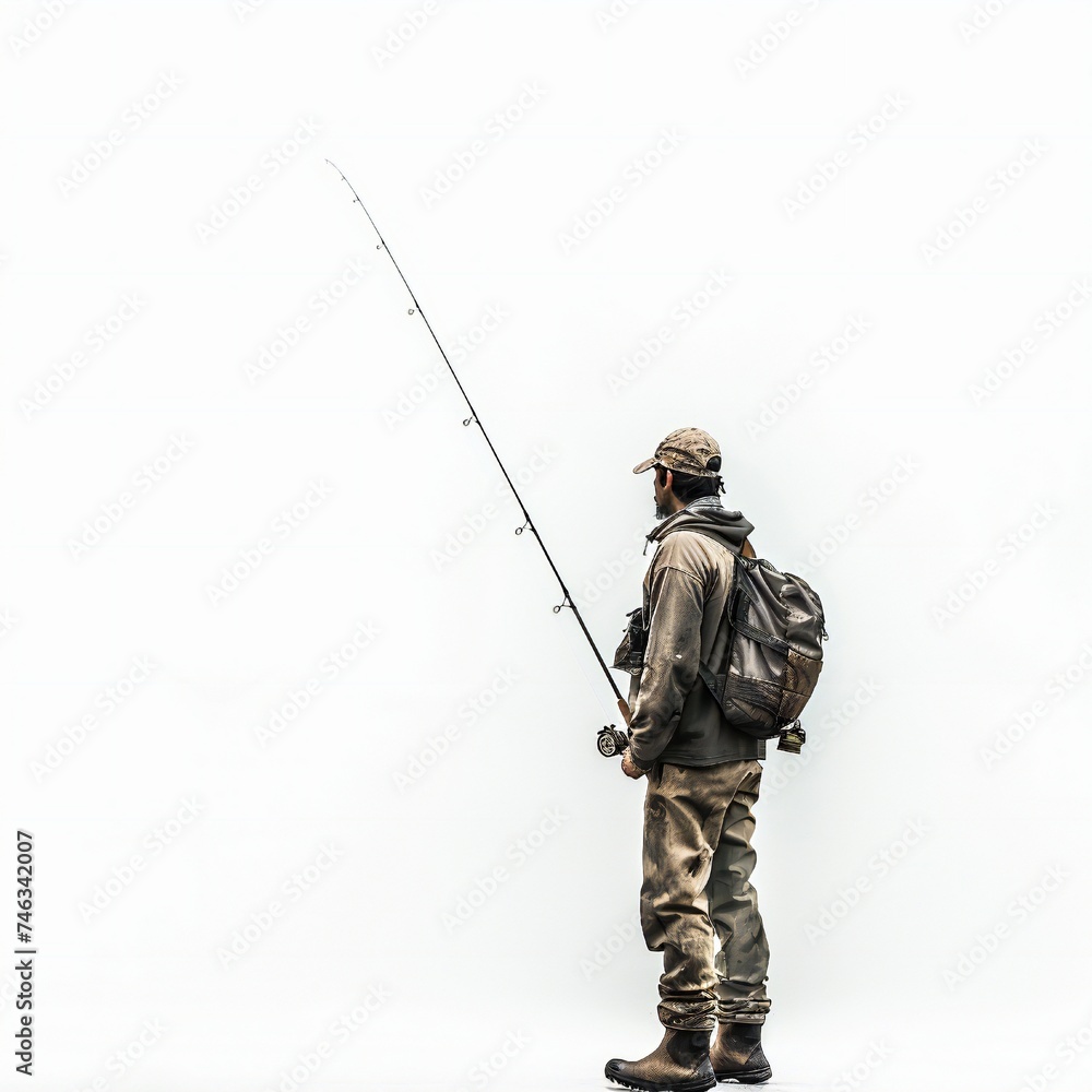 Man with fishing rod isolated on white background Generative Ai Man with fishing rod isolated on white background Generative Ai