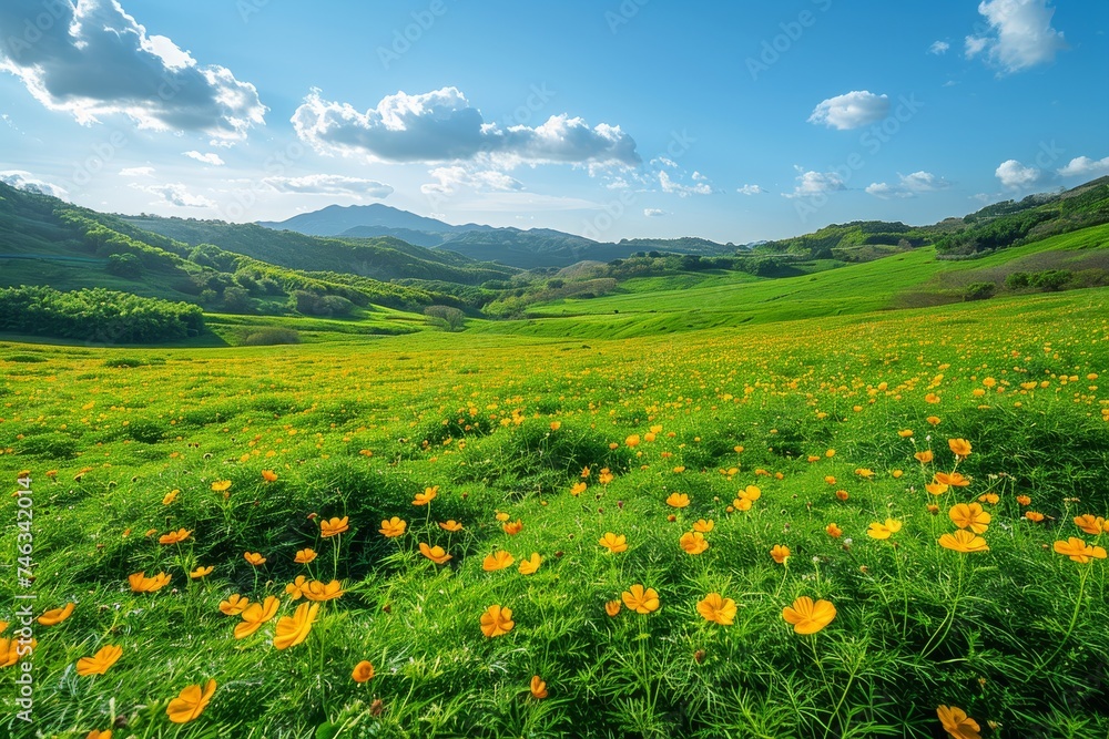 Green Field With Yellow Flowers and Mountains in Background