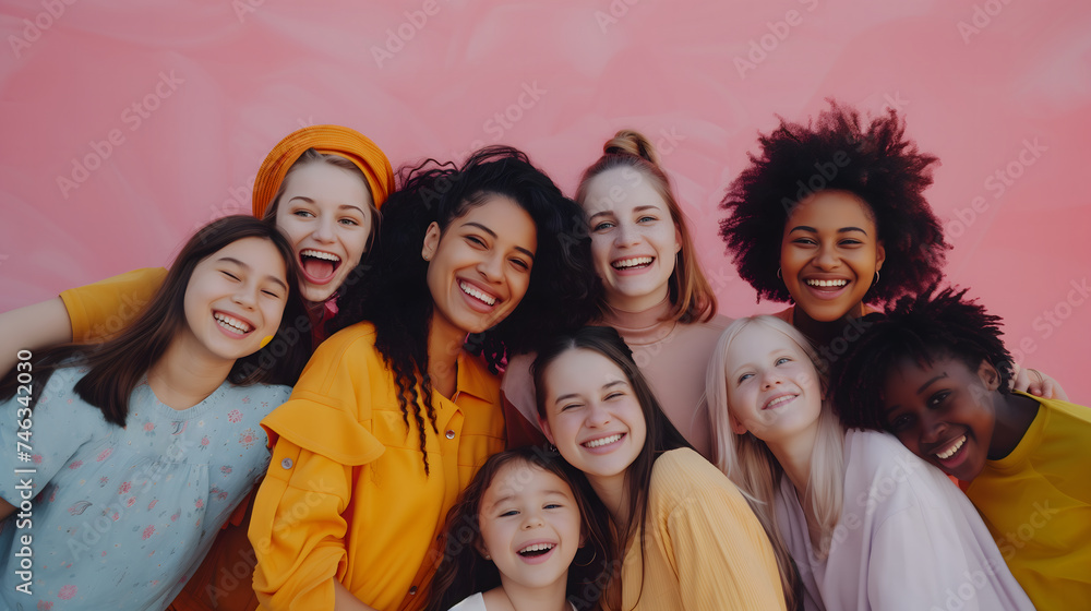 A group of nine teenage girls in various ages, body skin colors, and nationalities are smiling and enjoying together on pink background.