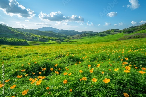 Green Field With Yellow Flowers and Mountains in Background