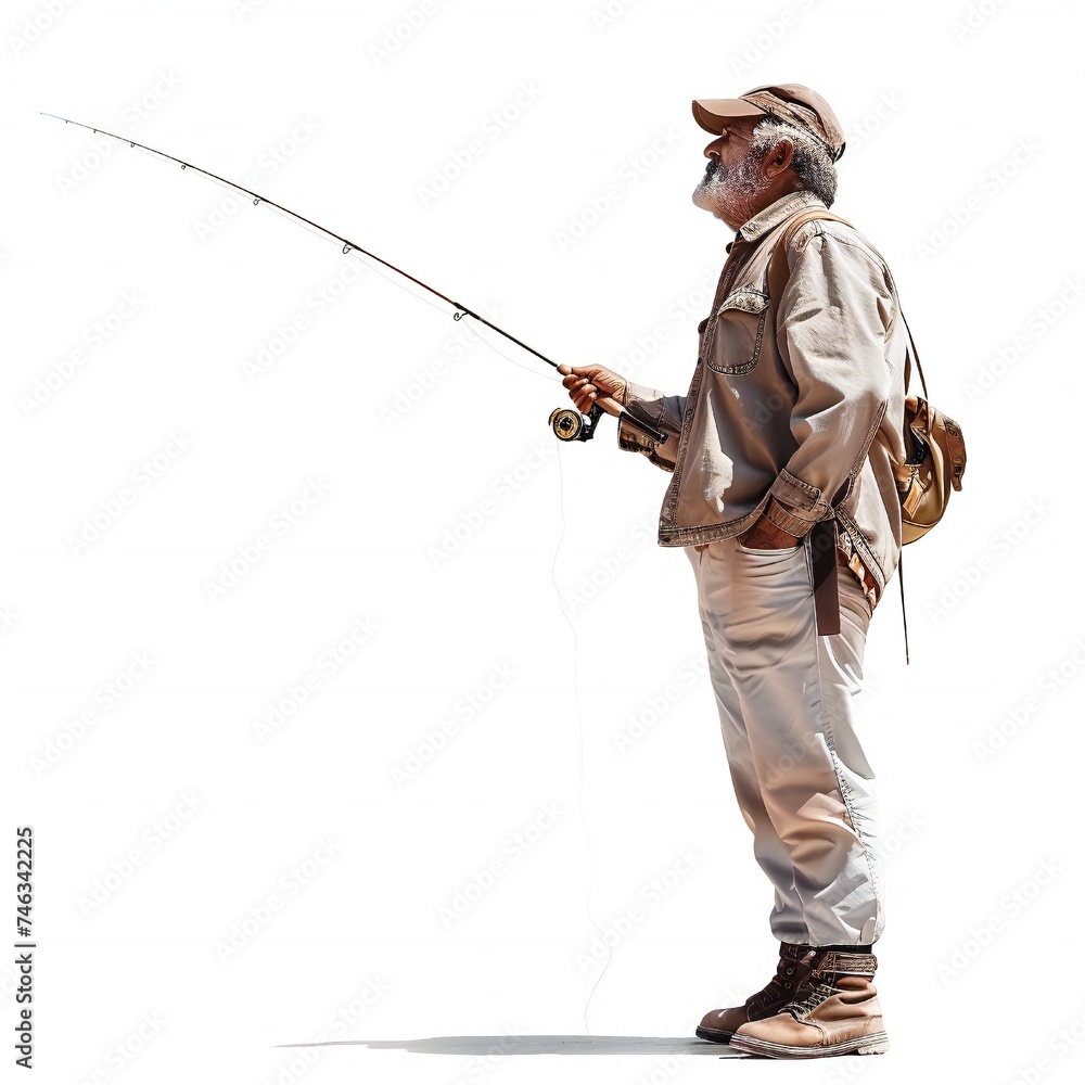 Man with fishing rod isolated on white background Generative Ai Man with fishing rod isolated on white background Generative Ai