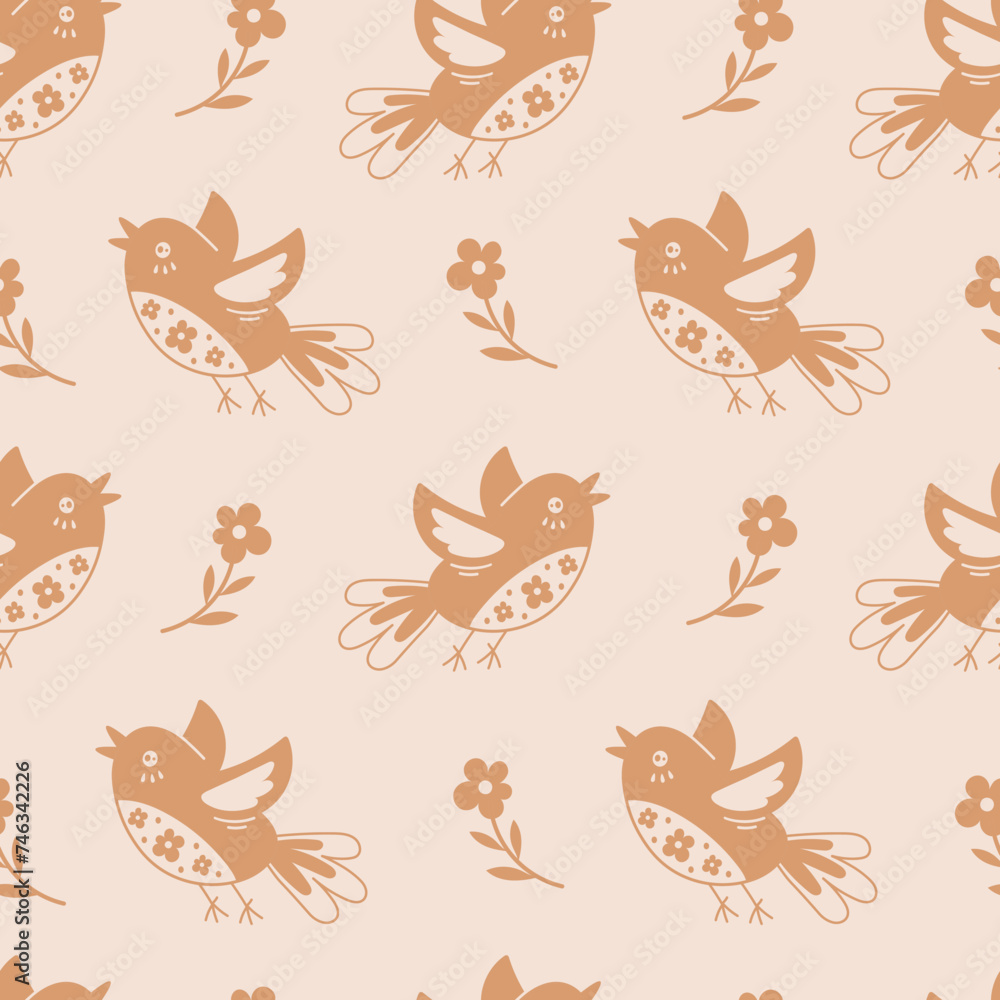 Fototapeta premium Flying birds and flowers beige seamless pattern. Cute spring and summer background with neutral color. Decorative repeat vector illustration with nature elements.