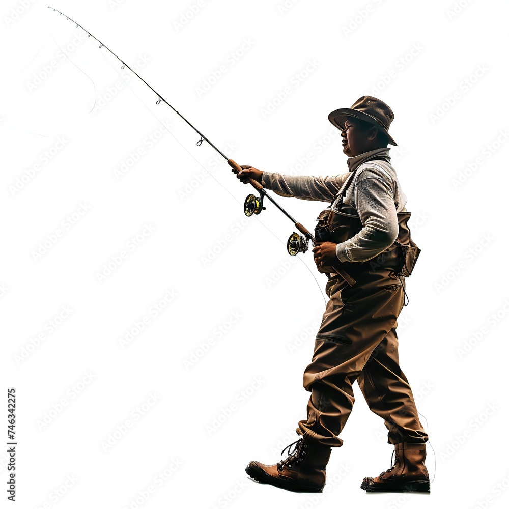 Man with fishing rod isolated on white background Generative Ai Man with fishing rod isolated on white background Generative Ai