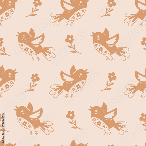 Flying birds and flowers beige seamless pattern. Cute spring and summer background with neutral color. Decorative repeat vector illustration with nature elements.