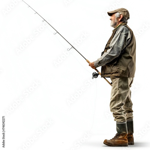 Man with fishing rod isolated on white background Generative Ai 