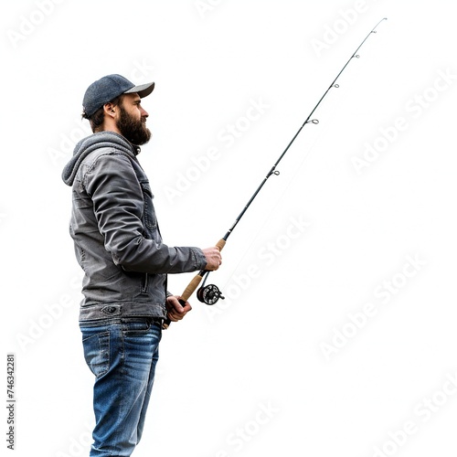 Man with fishing rod isolated on white background Generative Ai 