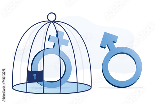 Gender inequality, female symbol in a cage. Restrictions, prohibitions and bans for women. Social problems, sexism