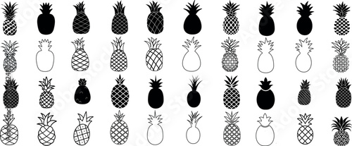 Pineapple collection, black Pineapple silhouettes, white outlines, tropical fruit vector icons. Perfect for summer designs, food packaging. Versatile, simple pineapple isolated on white background