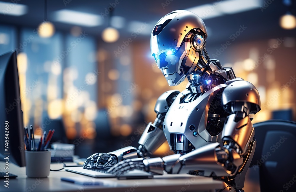 Robot working at computer in office Robot working at computer in office