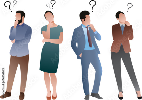 thinking people. Cartoon-curious persons with question marks solve problems flat vector illustration