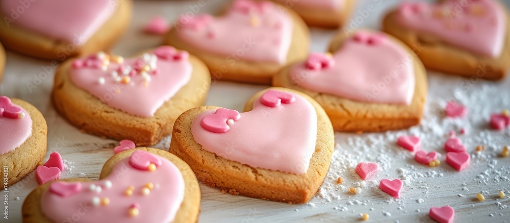 Delicious heart shaped cookies beautifully arranged on a rustic wooden table Delicious heart shaped cookies beautifully arranged on a rustic wooden table