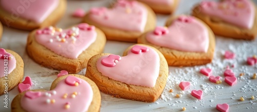 Delicious heart shaped cookies beautifully arranged on a rustic wooden table © AkuAku