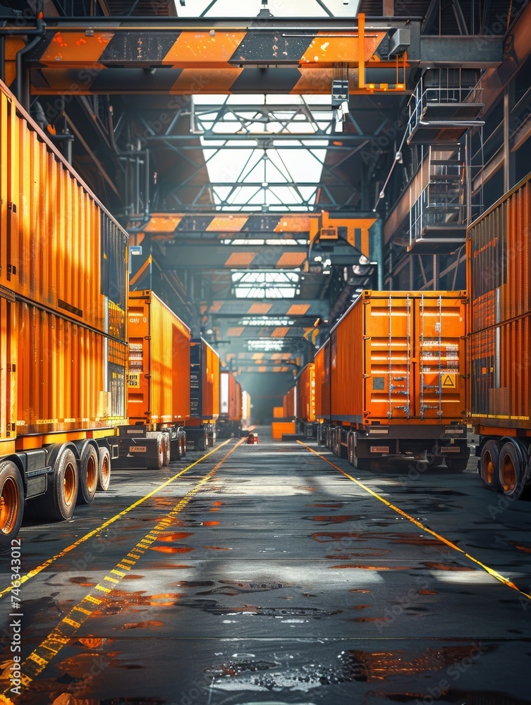 Naklejka premium Large Warehouse Filled With Yellow Containers