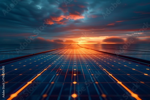 Solar Panel Absorbing Sunlight During Sunset