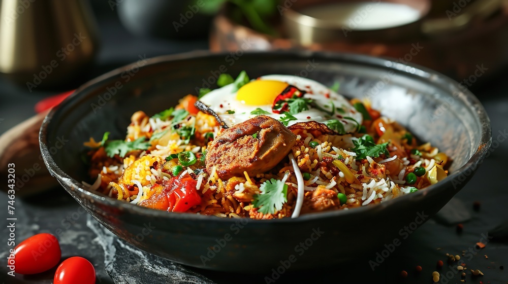 Indian Chicken Biryani with Egg and Vegetables