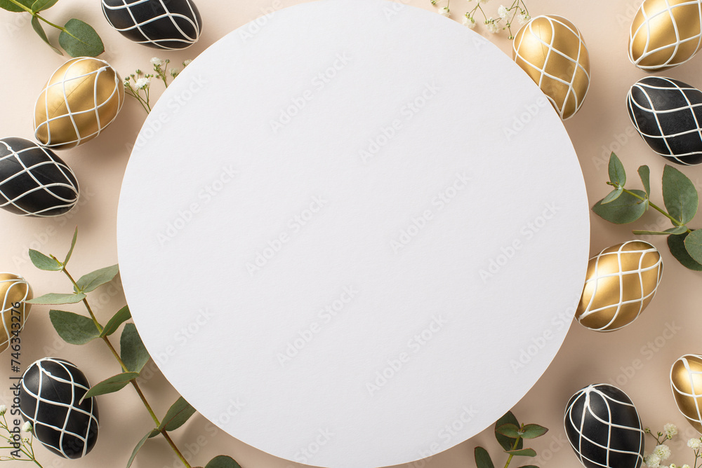 Easter opulence concept: Top view of premium black and gold eggs, fresh eucalyptus greenery, gypsophila clusters, laid out on a gentle beige ground, with vacant circle for words or adverts - obrazy, fototapety, plakaty 