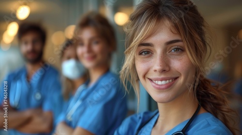 A young woman in blue scrubs is smiling at the camera. She is standing in a hospital with two other people in the background.