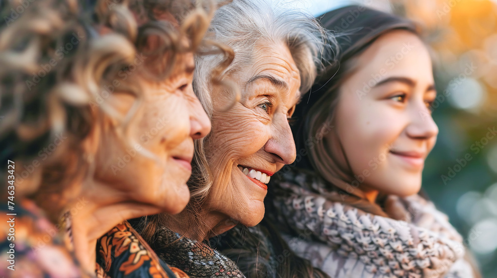 Smiling women of different ages enjoying each others company laughing talking in nature. Active lifestyle positive mindset concept Smiling women of different ages enjoying each others company laughing talking in nature. Active lifestyle positive mindset concept