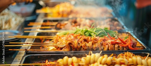 A row of trays filled with an assortment of delicious street food delights from the vibrant Bangkok street food vendor scene. Various dishes like noodles, rice, seafood, meat, and vegetables are