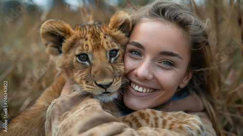 Woman and Lion Cub Posing for a Selfie at a Safari Park