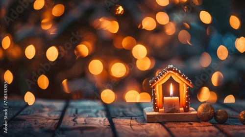 A cozy candlelit wooden house surrounded by Christmas ornaments and warm bokeh lights creates an inviting festive atmosphere.