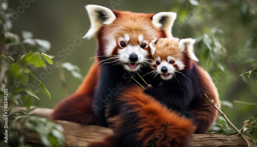 Photo of baby red panda with mom, wild photography