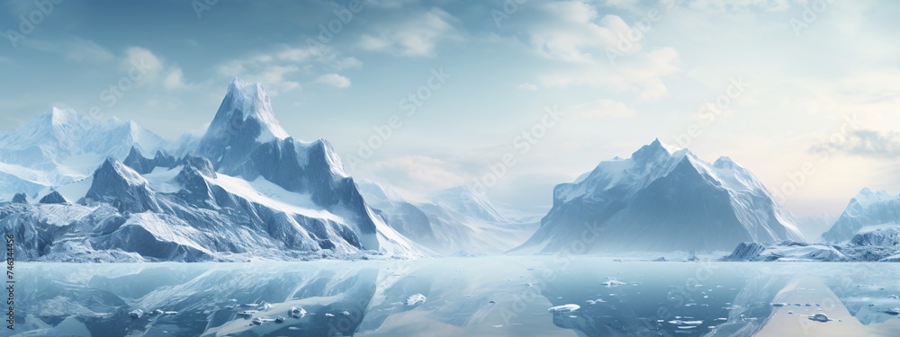 a snowy mountains and water