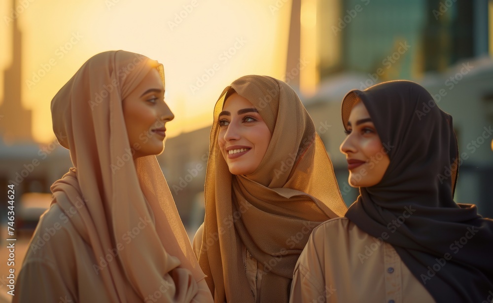 Three Arabic young women in stylish hijabs, exuding confidence, and sisterhood. Modern beauty infused with cultural pride. Diversity, fashion, friendship, empowerment of global cultures.