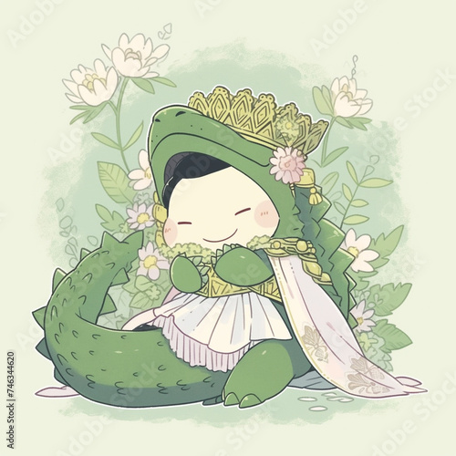 Charming crocodile dressed as Nang Kwak, Thai goddess of prosperity, with a gentle smile, beckoning luck beside a lotus pond