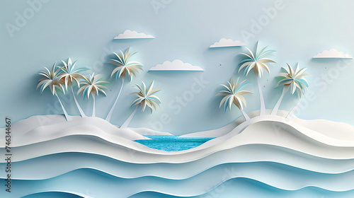 Tropical Island with clear blue sea with paper art.