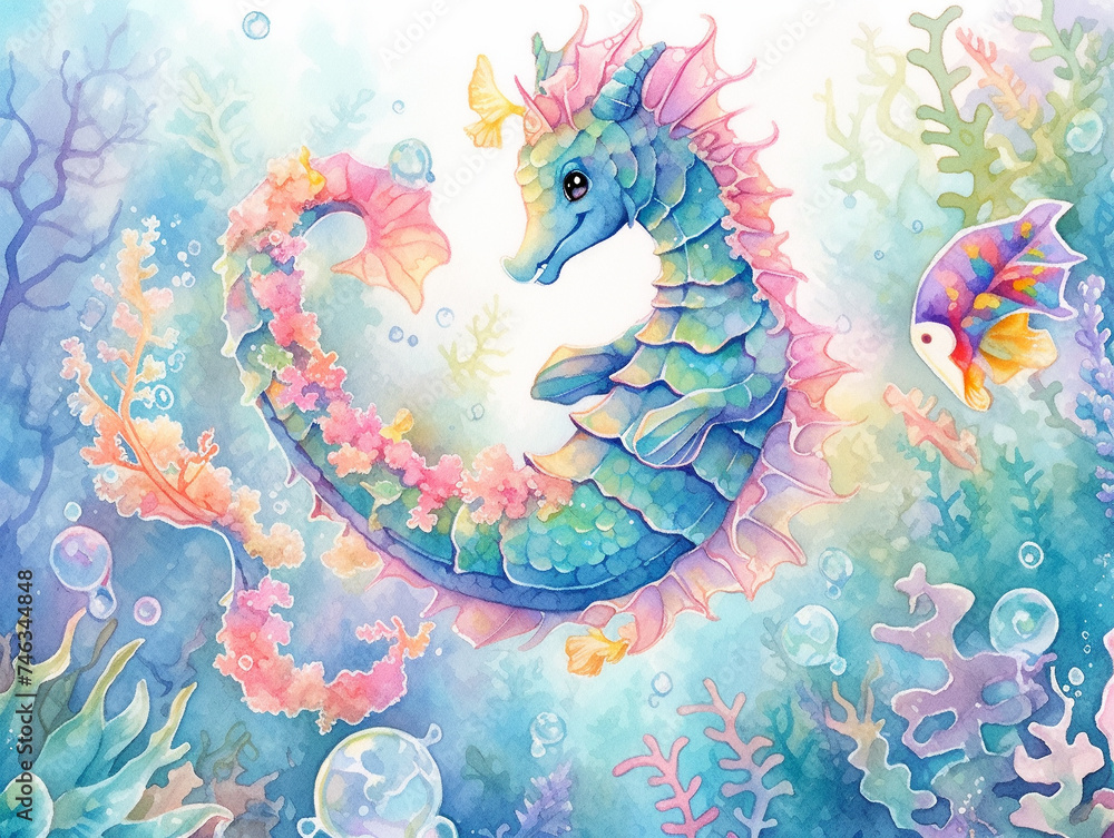Close-up of a vibrant rainbow seahorse, delicate fins glowing, amidst coral reefs teeming with underwater life Close-up of a vibrant rainbow seahorse, delicate fins glowing, amidst coral reefs teeming with underwater life