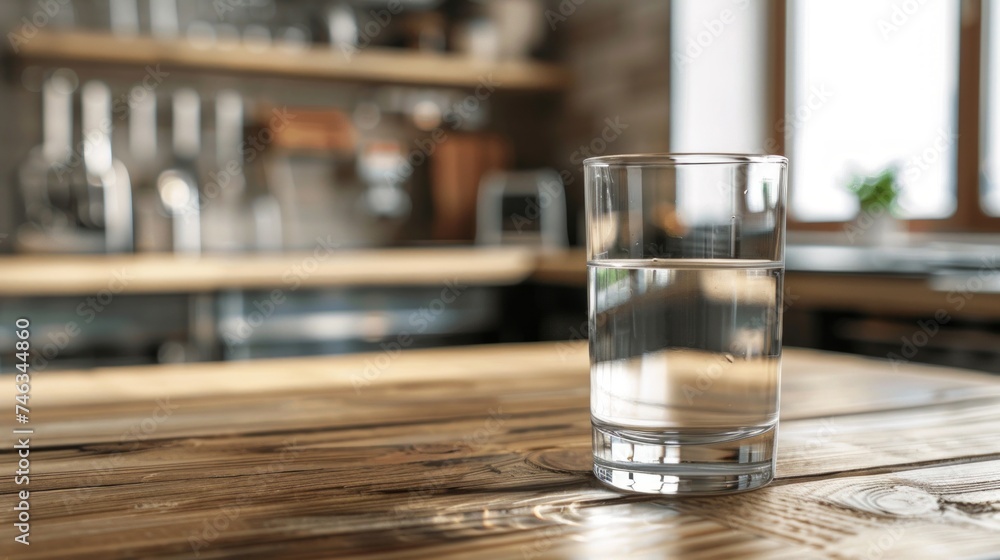 A simple clear glass of water placed on a rustic wooden kitchen counter, with soft natural lighting. A simple clear glass of water placed on a rustic wooden kitchen counter, with soft natural lighting.