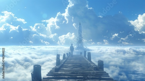 A child on a wooden dock gazes towards a rocket launch amidst a sea of clouds in a dreamlike vision.