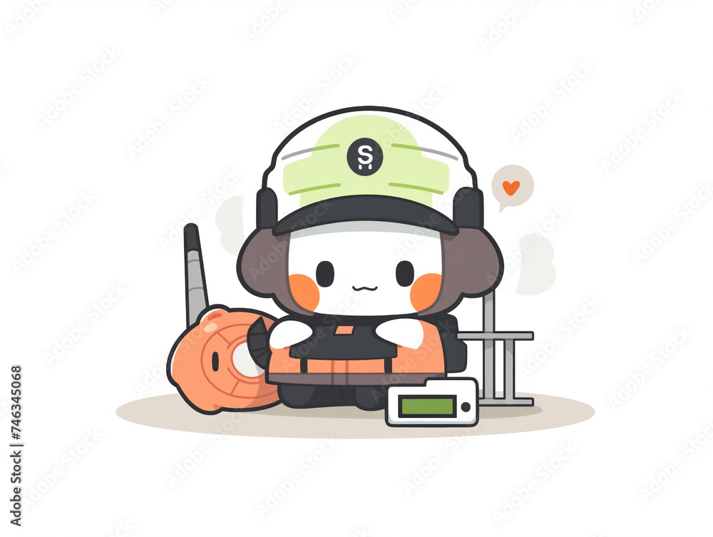 Cute, animated earthquake detector character with a cheerful face, holding a mini seismograph pen, on a vibrant desk setup Cute, animated earthquake detector character with a cheerful face, holding a mini seismograph pen, on a vibrant desk setup