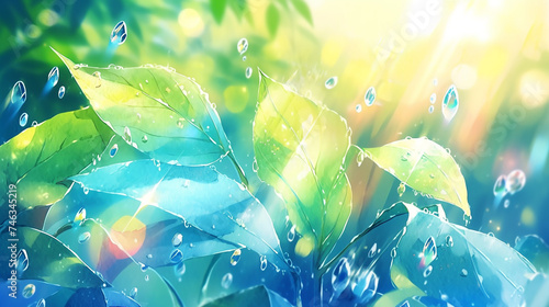 Vivid macro imagery of lush leaves with blue droplets poised delicately, a dance of water and light in the morning sun