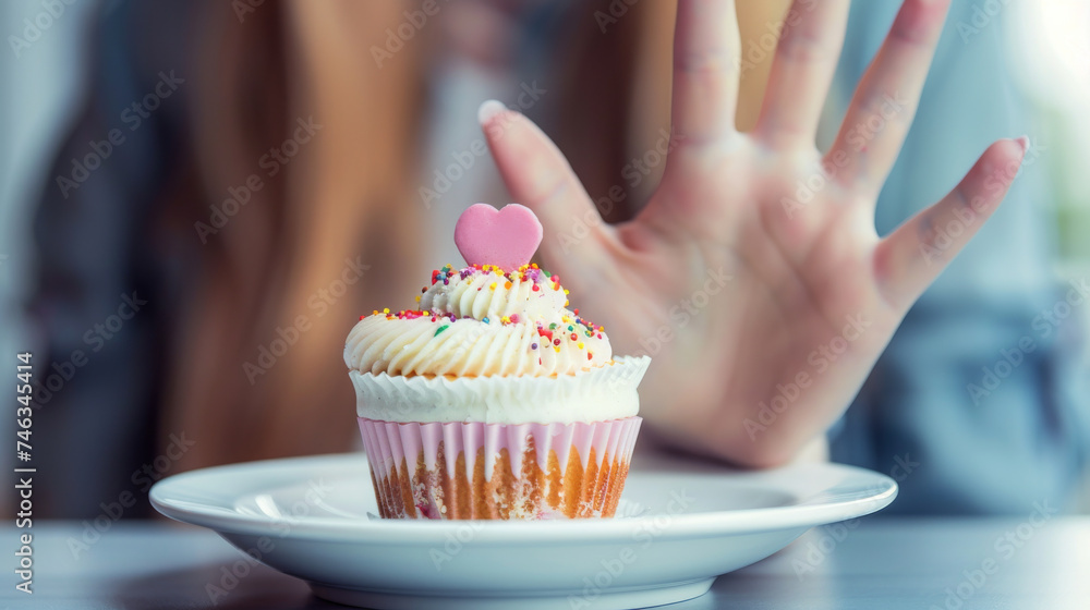 Diet concept with a woman refusing to eat a yummy cupcake dessert with her hands because she is following a diet to lose weight