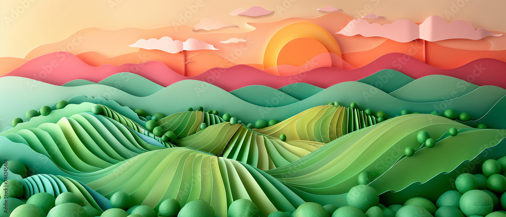 Fototapeta premium Paper art Vineyard with hills.