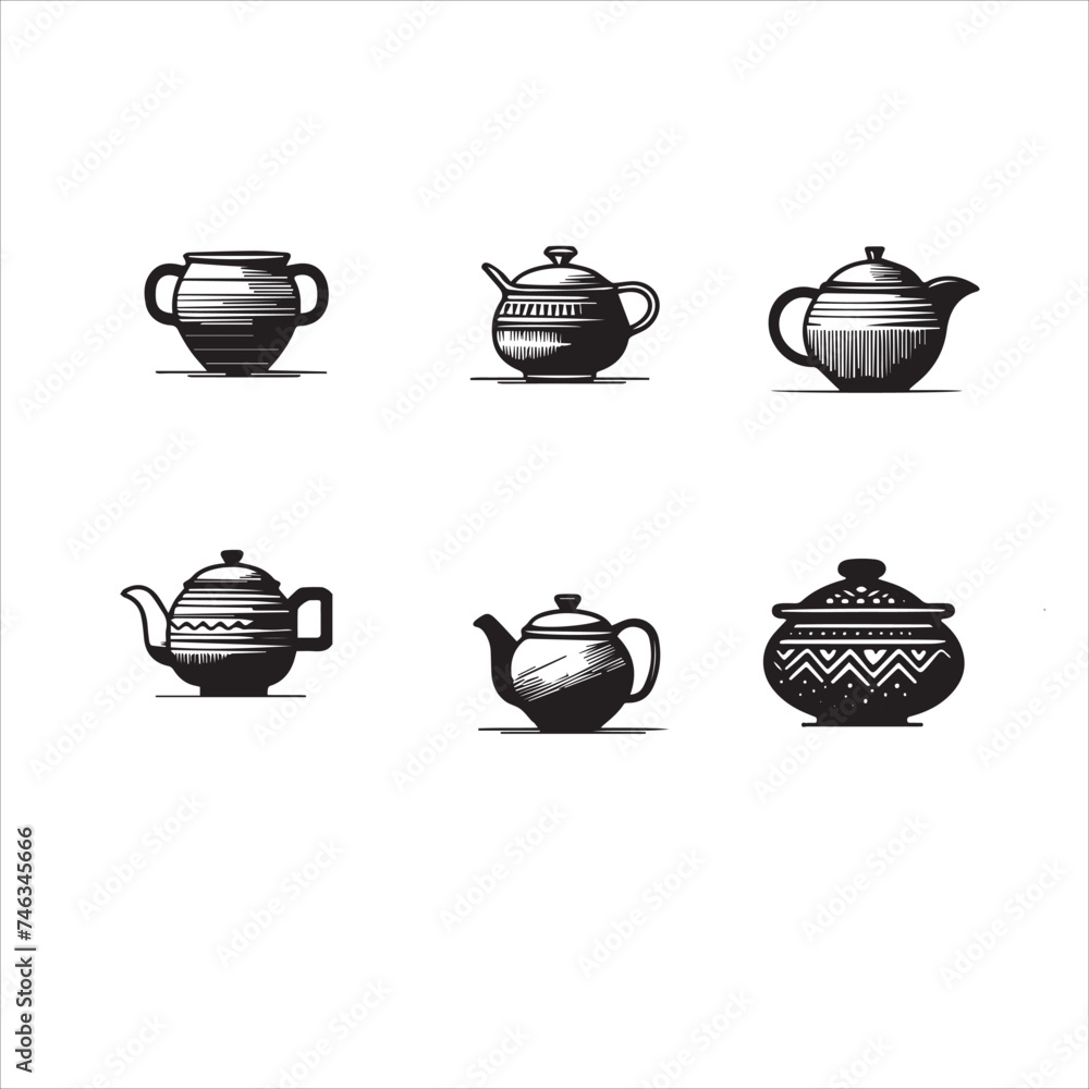 Set of pottery and vases silhouettes , Black pot isolated vector illustrations on white background Set of pottery and vases silhouettes , Black pot isolated vector illustrations on white background