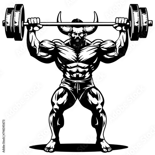 Muscular bull man bodybuilder holding a large barbell with big weights