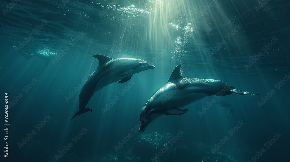 Sun illuminates ocean depths, mystical marine life, vibrant blues, dolphins forming Pisces.generative ai Sun illuminates ocean depths, mystical marine life, vibrant blues, dolphins forming Pisces.generative ai
