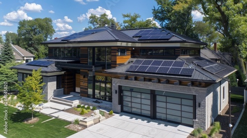 Contemporary upscale house showcasing energy-efficient solar panels on a sunny day. © tashechka