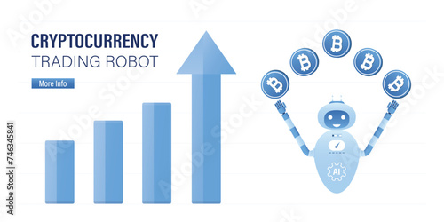 Trading robot juggles bitcoins. AI help to mining or trade cryptocurrency. Profitable robot helps investors make money online. Blockchain technology